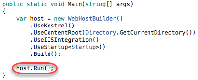 Screenshot of the C# Main method highlighting the statement host dot Run.