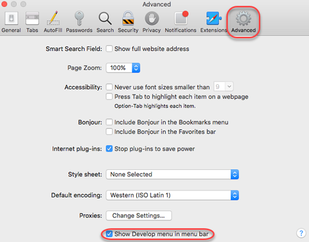 Screenshot showing the Advanced pane in the Safari Preferences dialog box with the Show Develop menu in menu bar option selected.