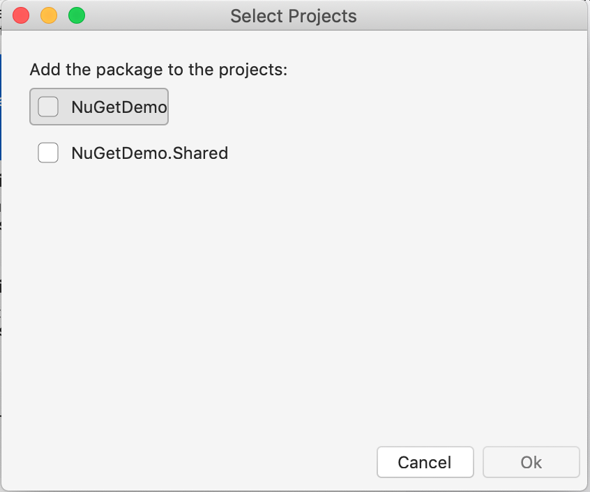 This screenshot shows Project selector when managing packages for the solution.