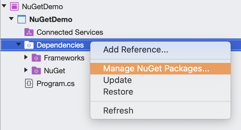 This screenshot shows Dependencies context menu with Manage NuGet Packages... menu highlighted.