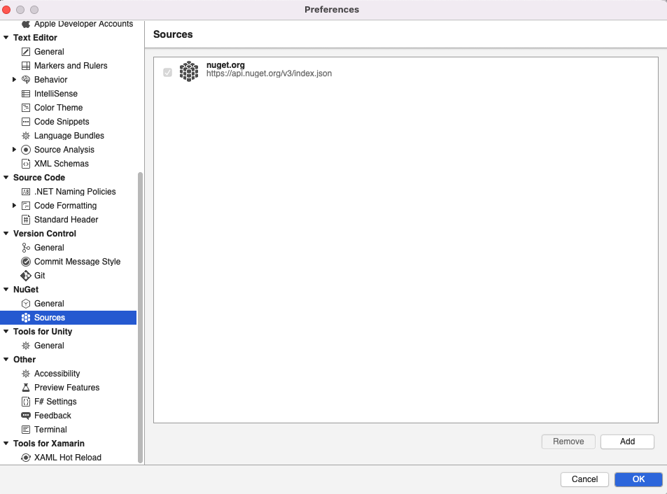 This screenshot shows Package Sources to add other package locations to Visual Studio for Mac. 