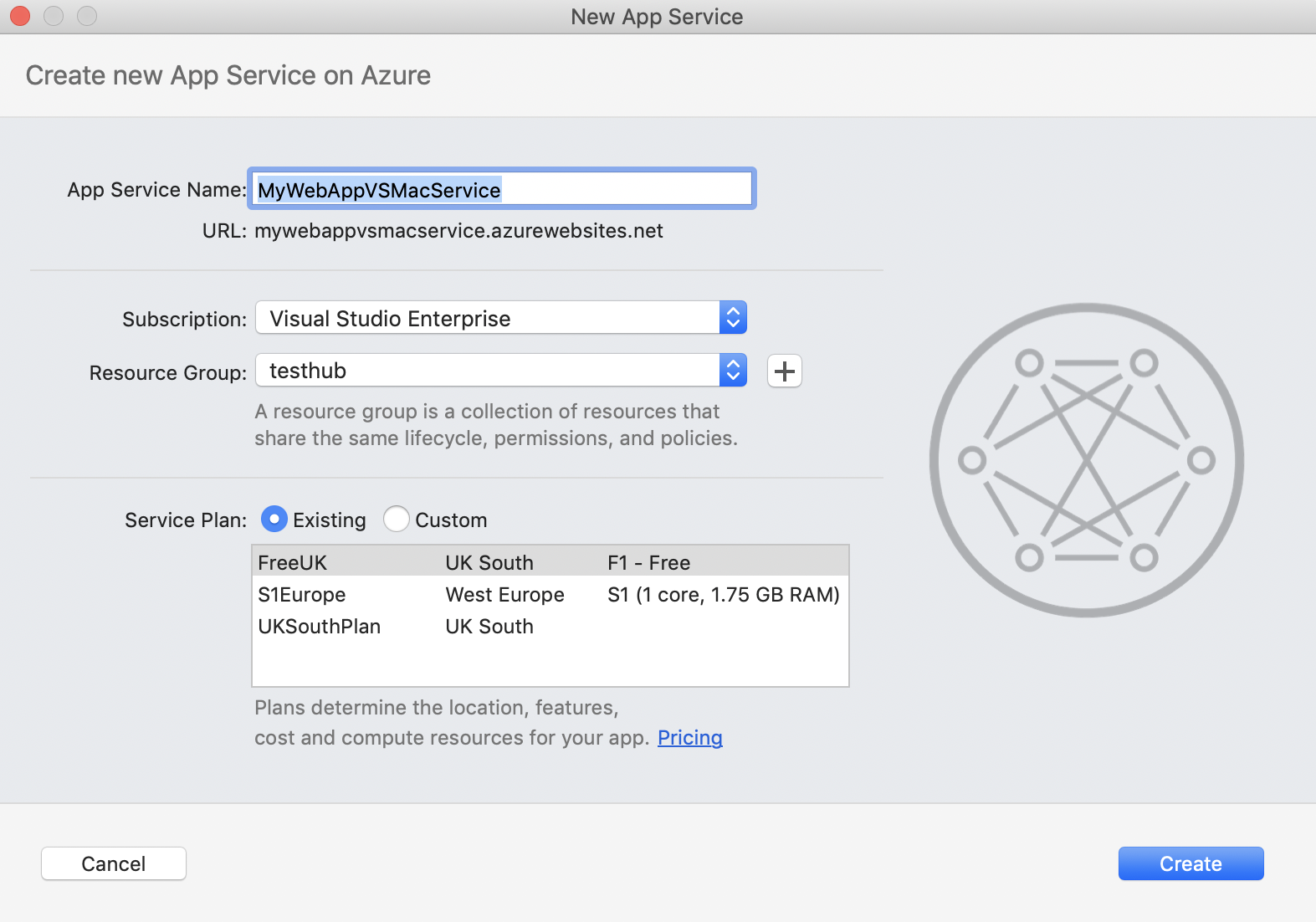 New App Service dialog