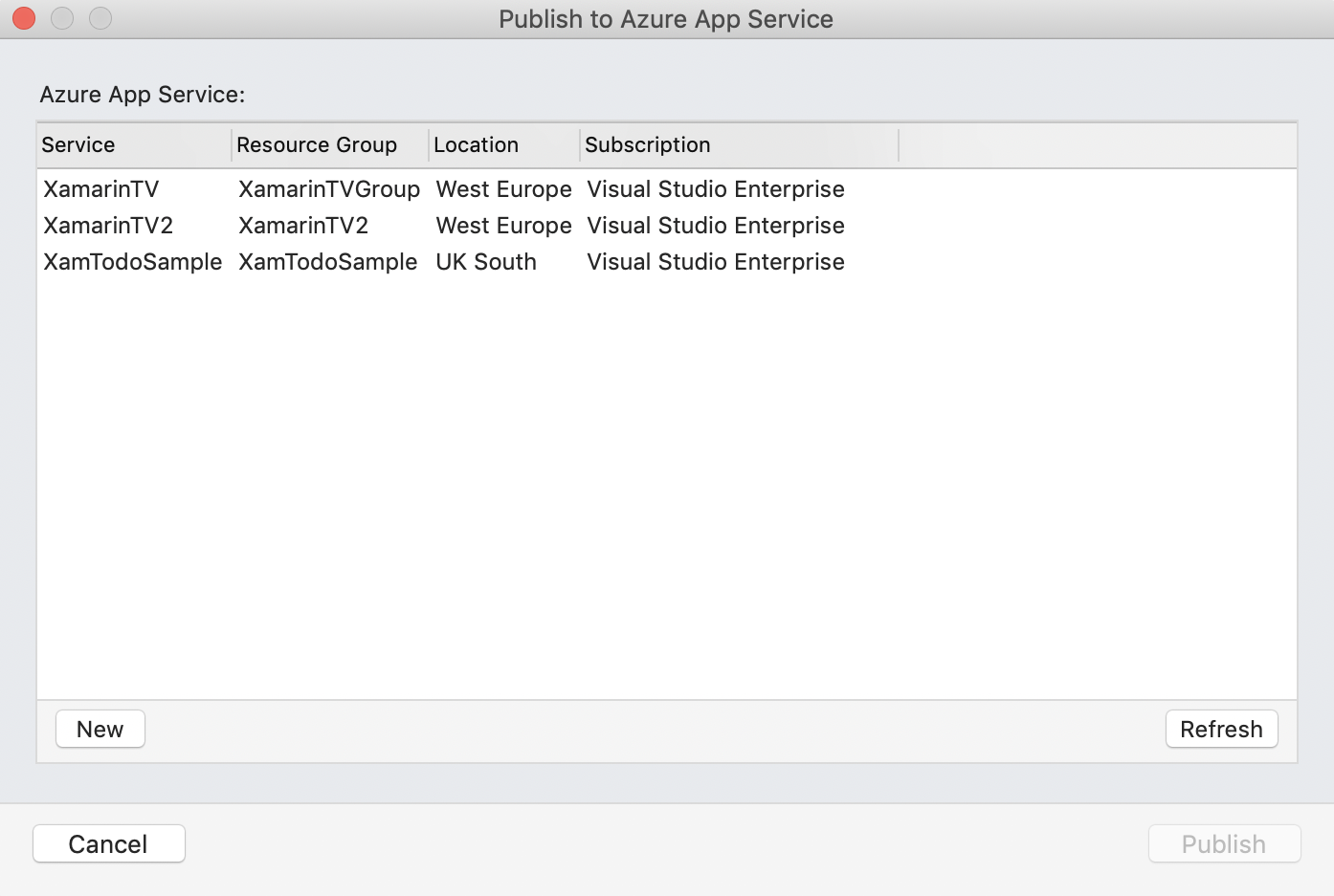 Publish to Azure App Service dialog