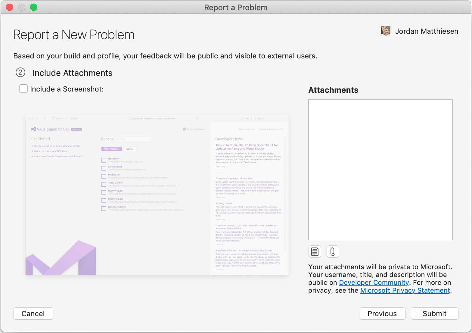 Attach a screenshot to a Visual Studio for Mac problem report
