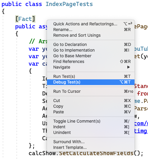 Editor right-click menu with Run and Debug Tests options
