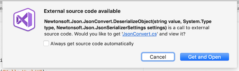 Screenshot of prompt that appears when external code is found for a NuGet package