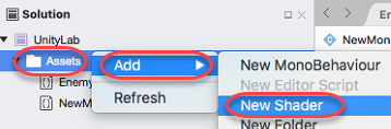 new shader action in Visual Studio for Mac