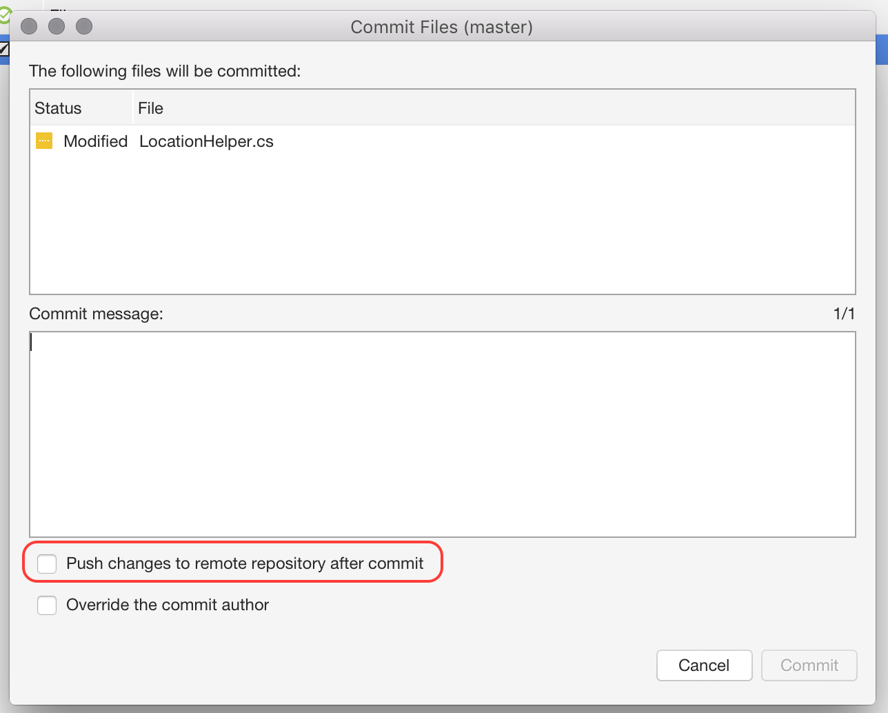 Screenshot of the Commit dialog with the option showing how to commit and push at the same time.