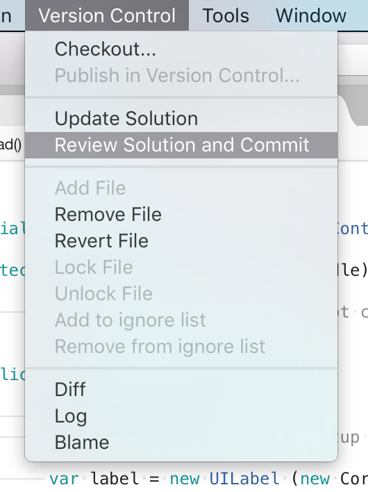Screenshot of the Version Control menu in Visual Studio for Mac, showing options for Checkout, Update Solution, Review Solution and Commit, add file, remove file, revert file, lock file, unlock file, add to ignore list, remore from ignore list, diff, log, blame.