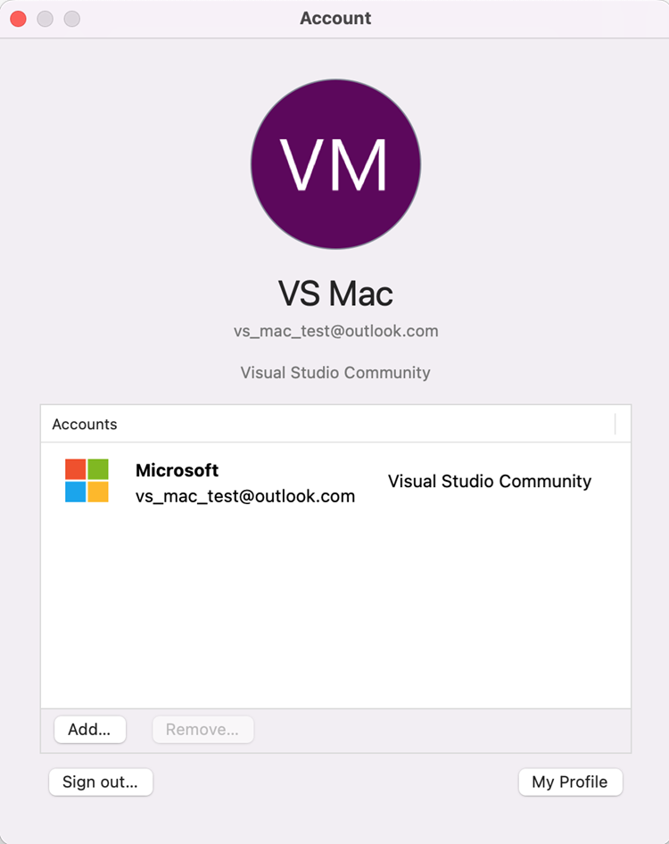 Screenshot of Account window in Visual Studio 2022 for Mac after signing in.