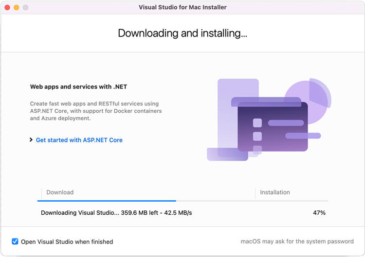 Screenshot from the Visual Studio Mac Installer showing an installation progress screen