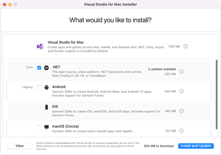 Screenshot of the "What would you like to install?" screen in the Visual Studio Mac Installer, showing a list of components available for installation.