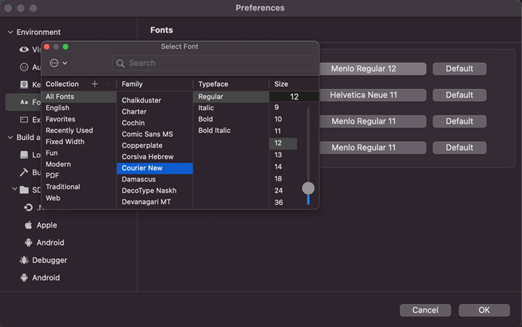 Screenshot showing customizing the font settings for the integrated terminal.