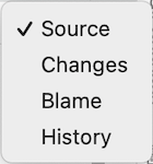 Screenshot of a drop down menu with choices for Source, Changes, Blame, and History.