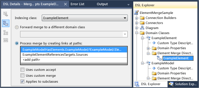 Screenshot of DSL Explorer showing an E M D being added with ExampleElement selected as the Indexing class and the Applies to subclasses option checked.