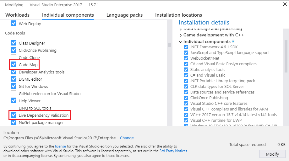 Code Map and Live Dependency Validation components in Visual Studio Installer