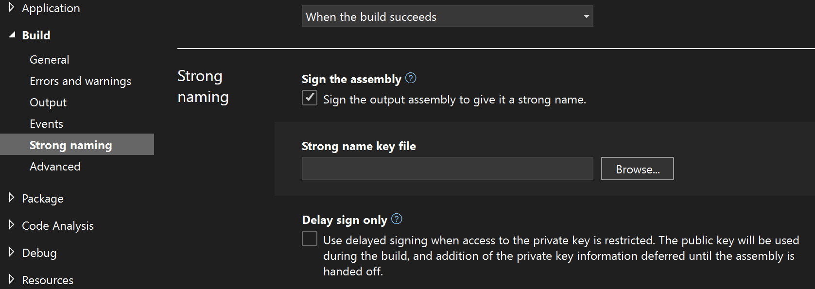 Screenshot of the Build Strong naming section of the Project Properties.
