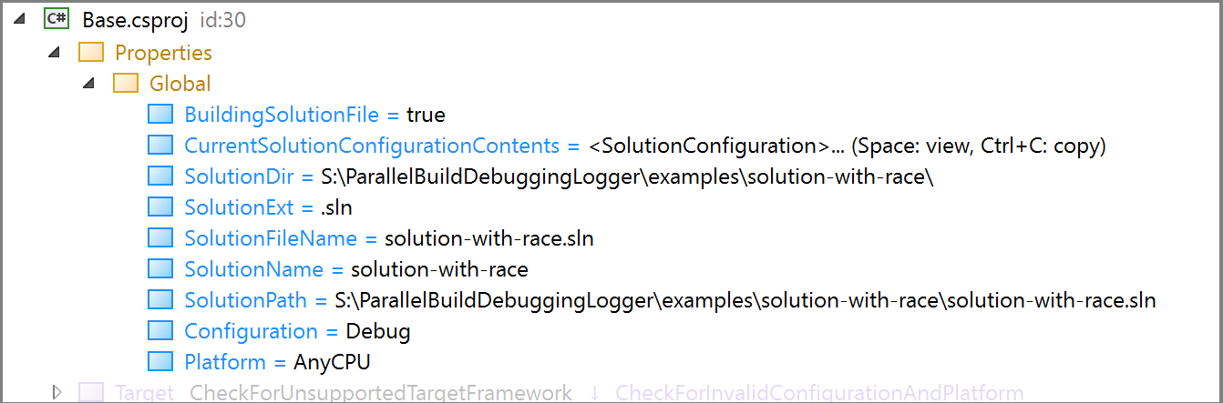 Screenshot showing different set of properties for the same project.