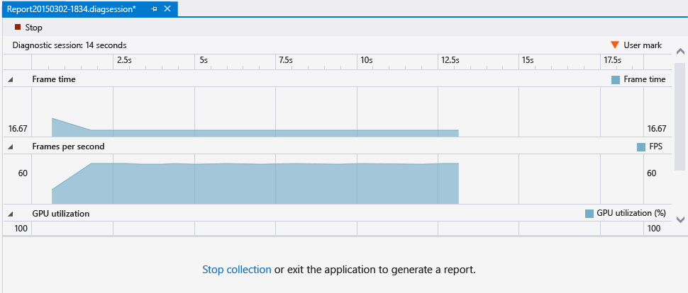 gfx_diag_gpu_usage_collect Screenshot of a diagnostics session window in the GPU Usage tool, showing Frames per second, GPU utilization, the Stop button, and the Stop collection link.