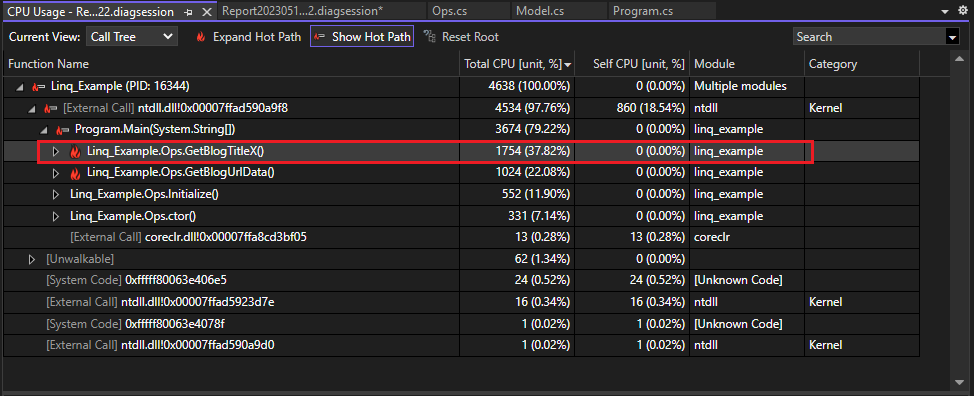 Screenshot of improved CPU usage in the Call Tree view of the CPU Usage tool.