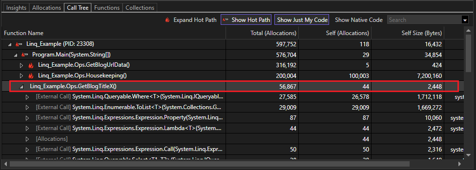 Screenshot of reduced memory allocations in the .NET Object Allocation tool.