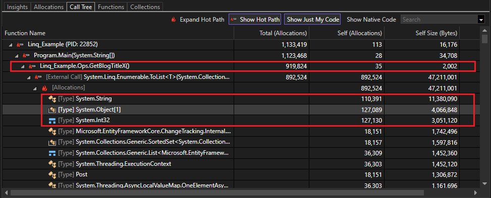Screenshot of Call Tree view in the .NET Object Allocation tool.