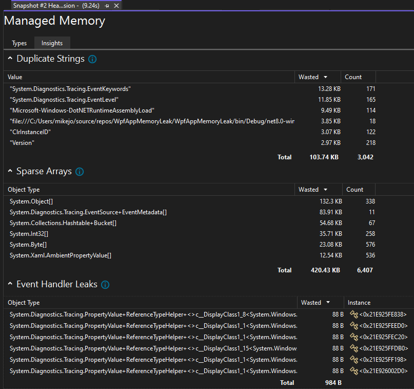 Screenshot of the insight view in the Memory Usage tool.