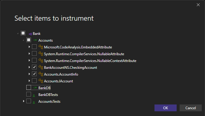 Screenshot showing Select items to instrument dialog.
