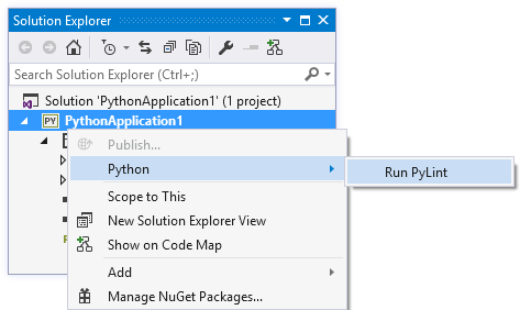 Screenshot of PyLint command on context menu for Python projects in solution explorer.