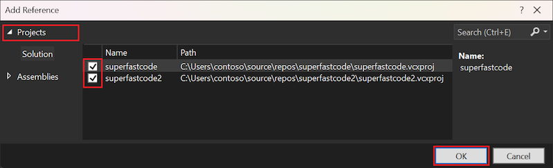 Screenshot showing how to add a reference to the "superfastcode" project.