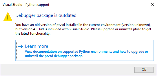 Screenshot of the debugger warning message 'Debugger package is outdated'.