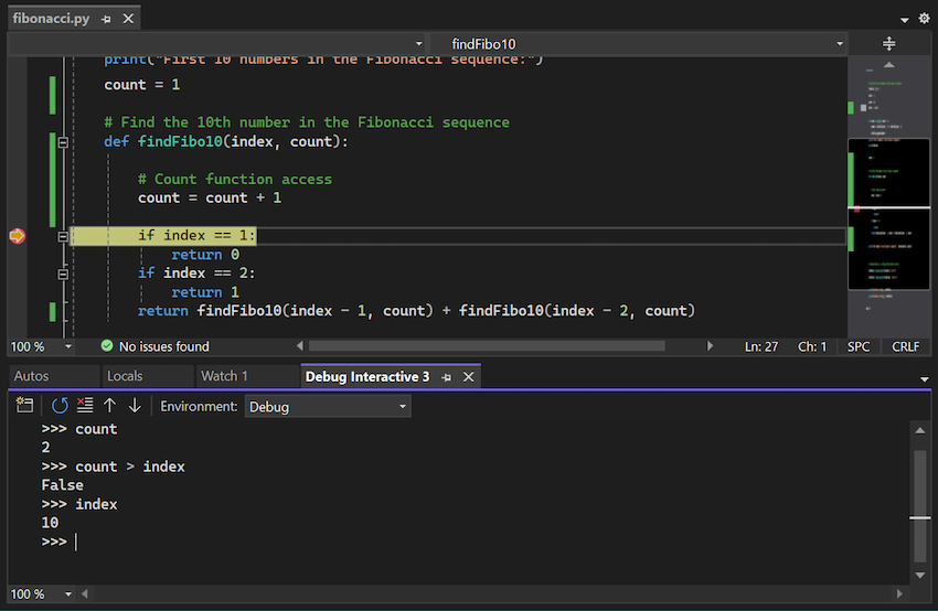 Screenshot that shows how to work with the Python Debug Interactive window in Visual Studio.