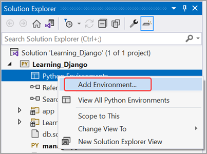 Add Virtual environment command in Solution Explorer.