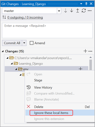 Ignoring a virtual environment in source control changes.