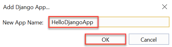 Screenshot that shows how to enter a name for the new Django app in the popup dialog in Visual Studio.