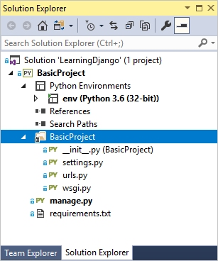 Django project files in Solution Explorer.