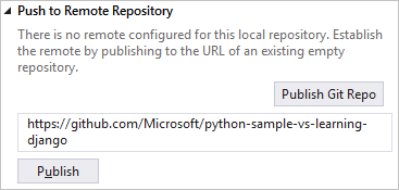 Team Explorer window for pushing to an existing remote repository