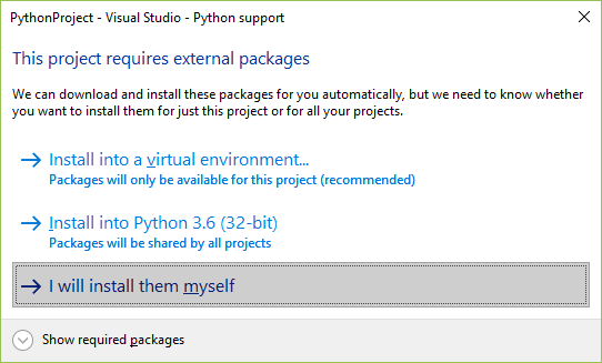 Prompt saying that the project requires external packages