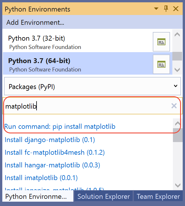 Installing matplotlib in the environment-2019 in Packages tab