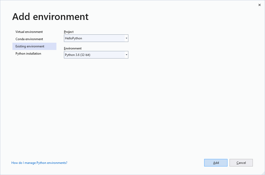 Existing environment tab in the Add environment dialog-2019