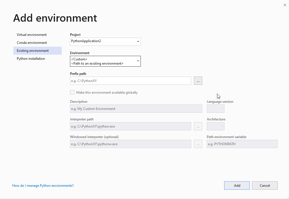 Custom environment option in the Add environment dialog-2022