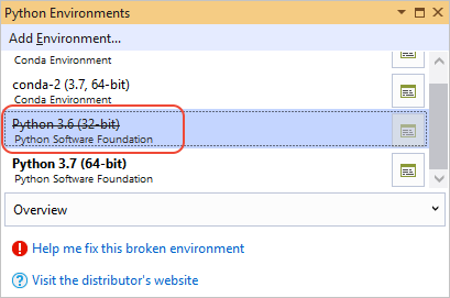 The Python Environments window showing an invalid environment-2019-2022