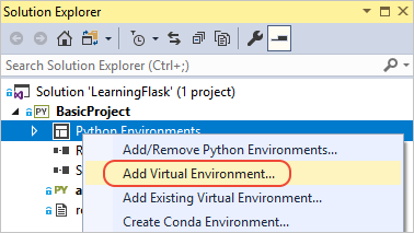Add Virtual environment command in Solution Explorer