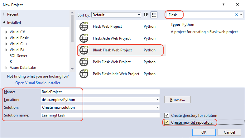 VS 2019 New project dialog in Visual Studio for the Blank Flask Web Project