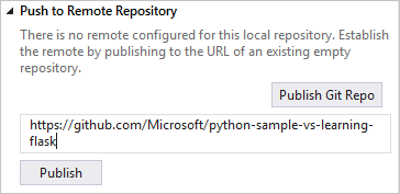 Team Explorer window for pushing to an existing remote repository
