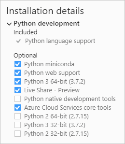 Επιλογές ανάπτυξης Python στο πρόγραμμα εγκατάστασης Visual Studio 2019