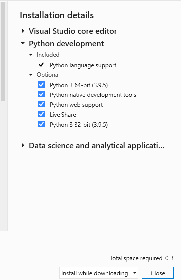 Επιλογές ανάπτυξης Python στο πρόγραμμα εγκατάστασης Visual Studio 2022