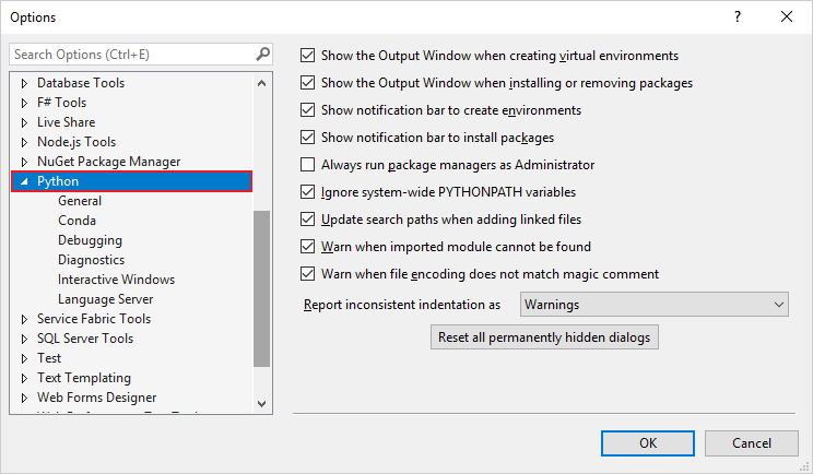 Options And Settings For Python Visual Studio Windows Microsoft Learn