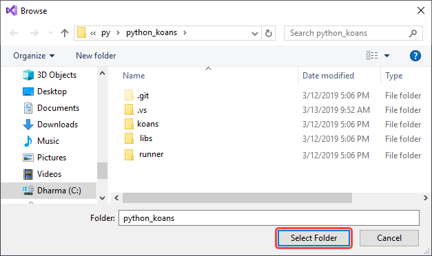Screenshot of the Select Folder dialog from the Open Folder command.