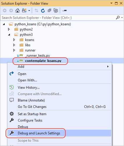 Screenshot of the Solution Explorer Folder view with the contemplate-koans.py file selected, and Debug and Launch Settings selected on the context menu.